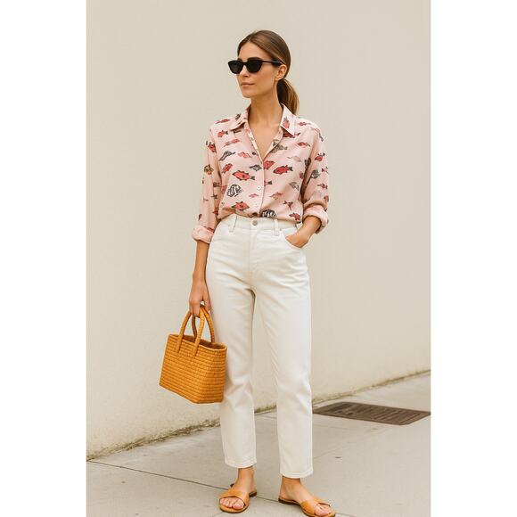 Vintage Esprit Fish Print Button Down Quirky Artsy Shirt Medium Rayon - Picture 1 of 8